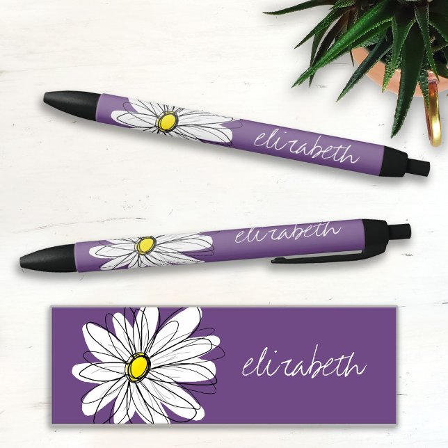 Purple and Yellow Whimsical Daisy Custom Text Black Ink Pen (Creator Uploaded)