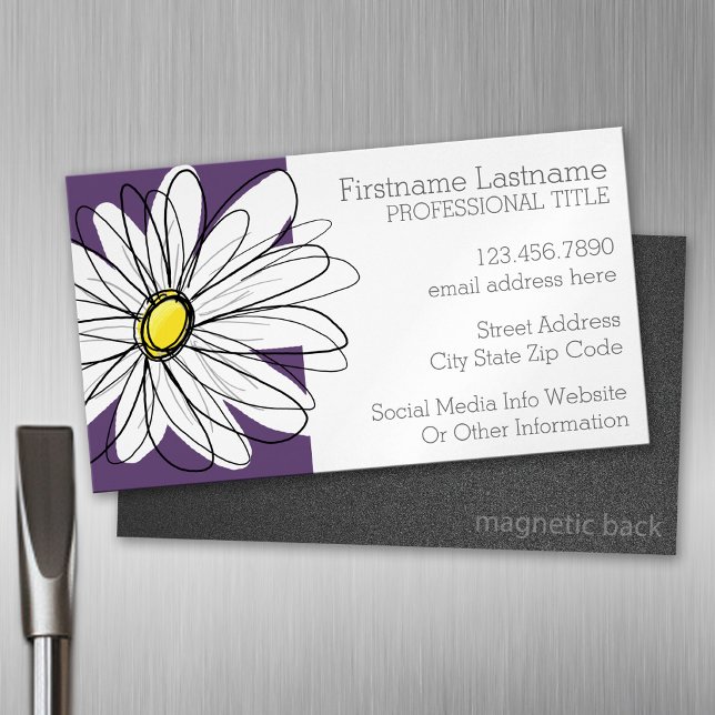 Purple and Yellow Whimsical Daisy Custom Text Magnetic Business Card (Custom Business Card Magnet)