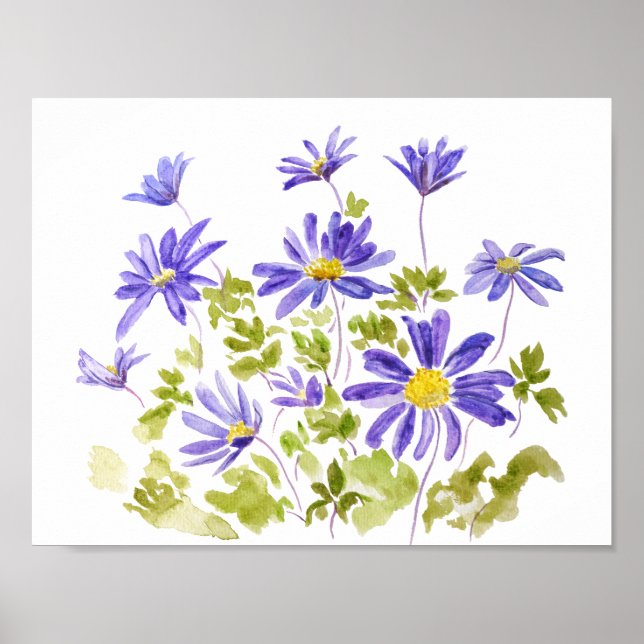 purple anemone blanda Watercolor  Poster (Front)
