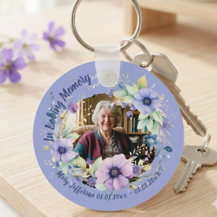Purple Anemone Floral Memorial Photo Keepsake Key Ring