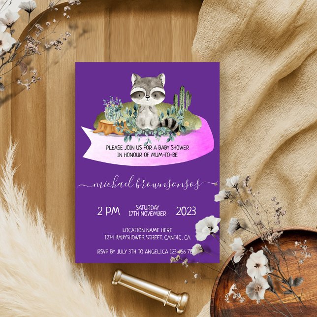 Purple Animal Racoon Tropical Baby Shower Invitation (Creator Uploaded)