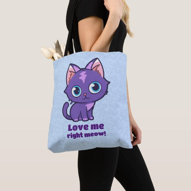Purple Anime Cat Vector Art Blue Tote Bag (Close Up)