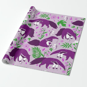 purple anteater cute animal floral  wrapping paper