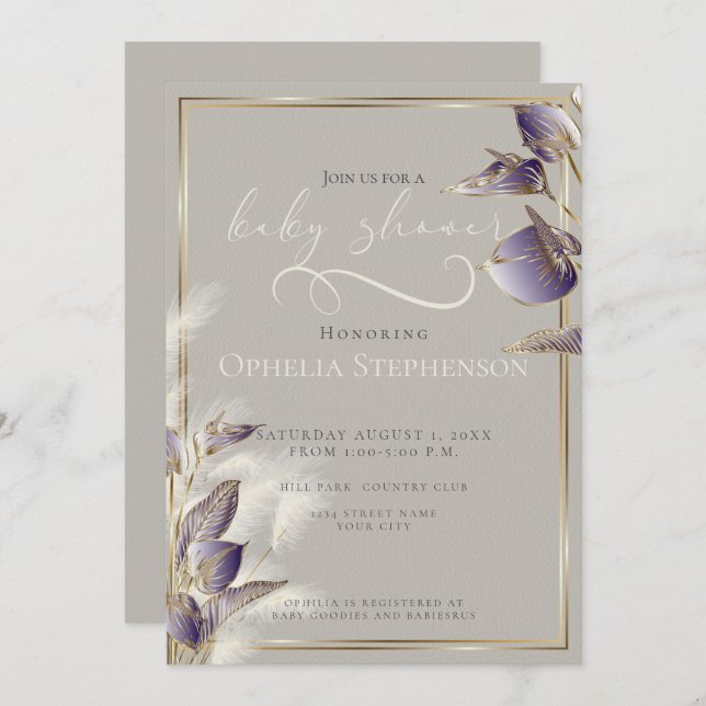 Purple Anthurium Floral Pampas Grass Invitation (Front/Back)
