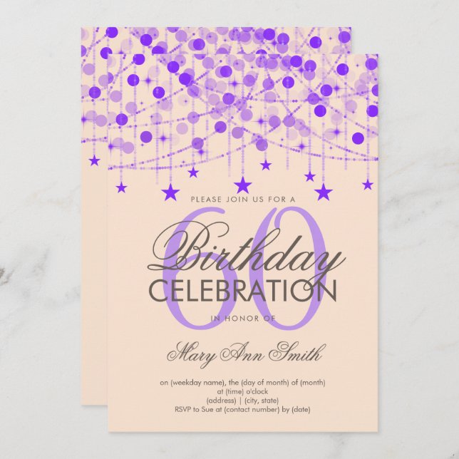 Purple Any Age Birthday String Lights & Stars Invitation (Front/Back)
