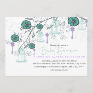 Purple & Aqua Birdcage Baby Shower Invitation