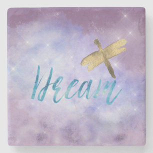 Purple Aqua Dream Gold Dragonfly Stone Coaster