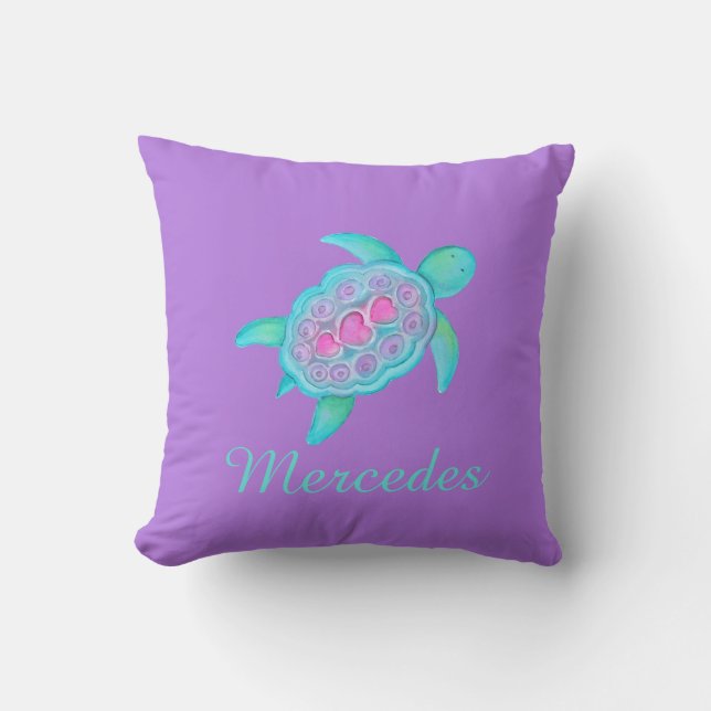 Purple aqua girls name turtle art cushion pillow (Front)