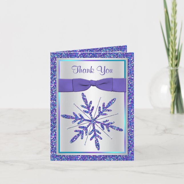 Purple Aqua Glitter Snowflake Photo Thank You Card (Front)