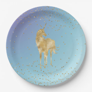 Purple Aqua Gold Sparkle Unicorn Paper Plate