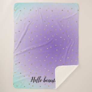 Purple Aqua Ombre Gold Hearts Sherpa Blanket