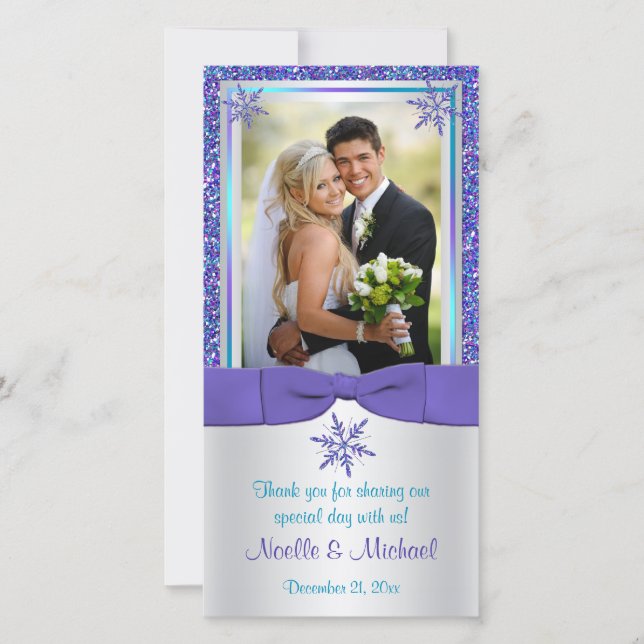 Purple Aqua Silver Snow Flakes Wedding Photo Card (Front)