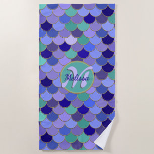 Purple & Aqua Teal Mermaid Scales Name + Monogram Beach Towel