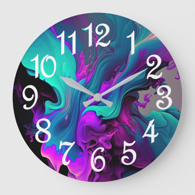 Purple Aqua Turquoise Beautiful Abstract Fluid Art Large Clock (Front)