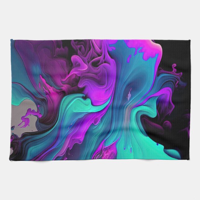 Purple Aqua Turquoise Beautiful Abstract Fluid Art Tea Towel (Horizontal)