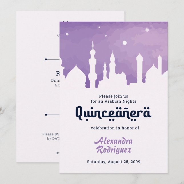 Purple Arabian Nights Watercolor Quinceañera Invitation (Front/Back)