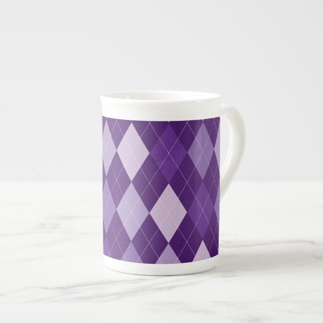 Purple argyle pattern bone china mug (Front Right)