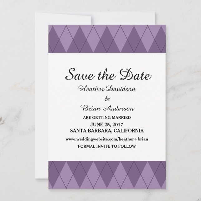 Purple Argyle Save the Date Invite (Front)