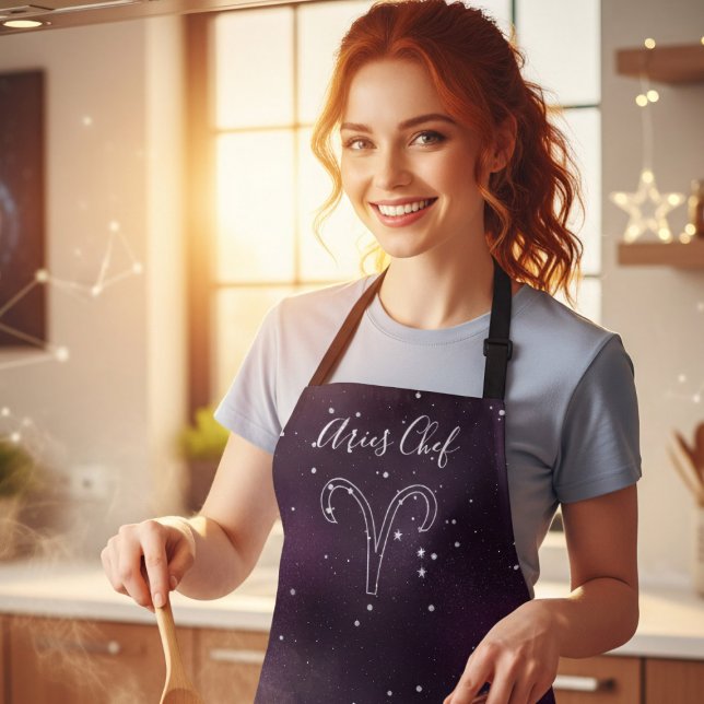 Purple Aries Astrology Constellation Zodiac Apron (It's Aries Season! Cook up a storm in the kitchen with this purple galaxy apron)