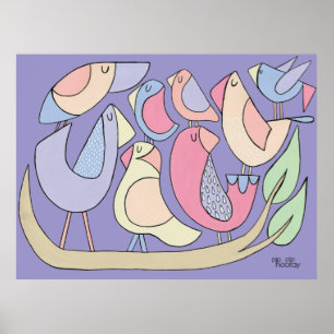 Purple Art Bird Branch Illustration Painting Poster