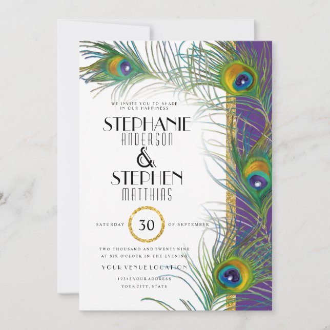 Purple Art Deco Peacock Feathers Modern Typography Invitation (Front)