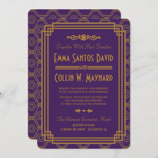 Purple Art Deco Wedding Invitations (Front/Back)