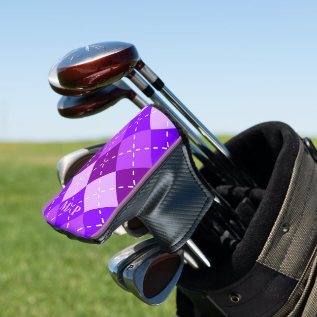 Purple Arygle with White Stitching Personalised Golf Head Cover (In Situ)
