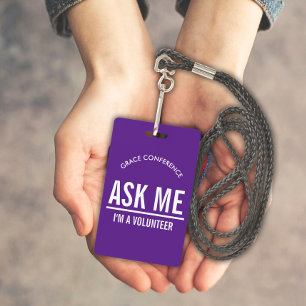 Purple Ask me I'm a volunteer id badge