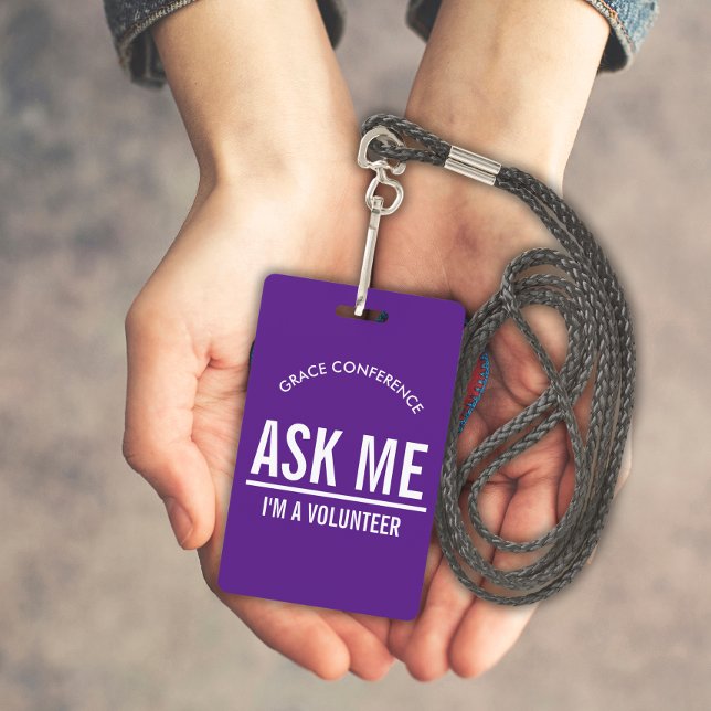 Purple Ask me I'm a volunteer id badge (Creator Uploaded)