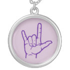 Purple ASL I Love You Hand Necklace