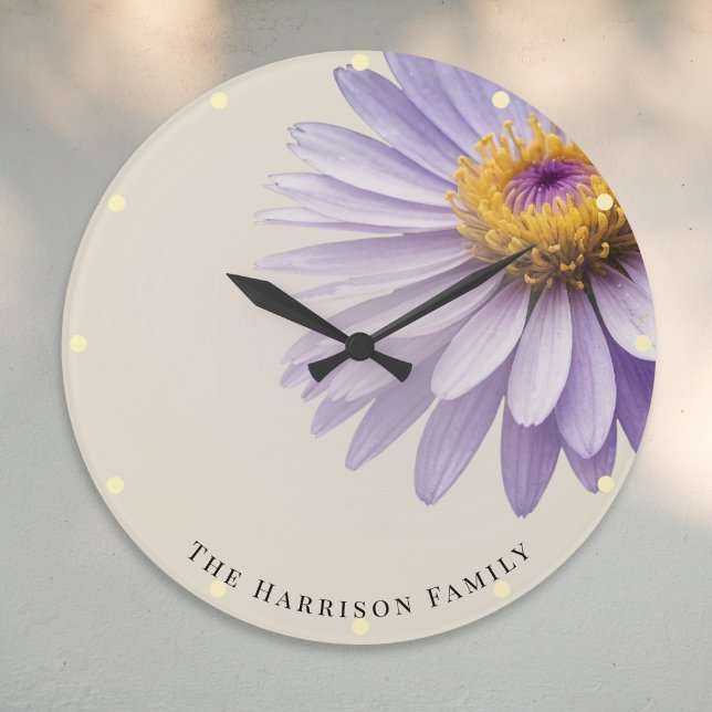 Purple Aster Elegant Floral Botanical Personalised Large Clock (An elegant personalized wall clock, with picture of a purple aster flower, in a modern minimal style)