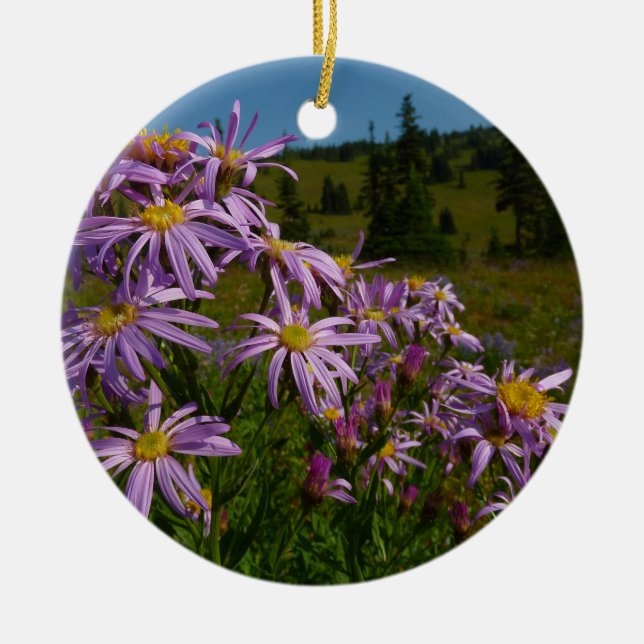 Purple Aster Flowers at Mount Rainier Ceramic Tree Decoration (Front)