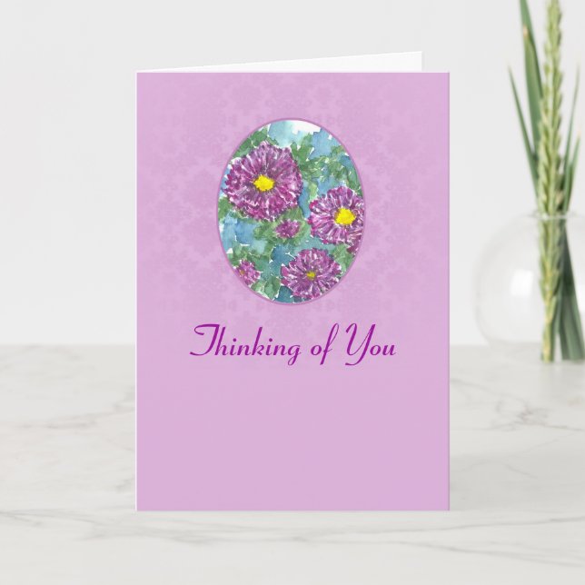 Purple Aster Watercolor Flowers Thinking of You Card (Front)