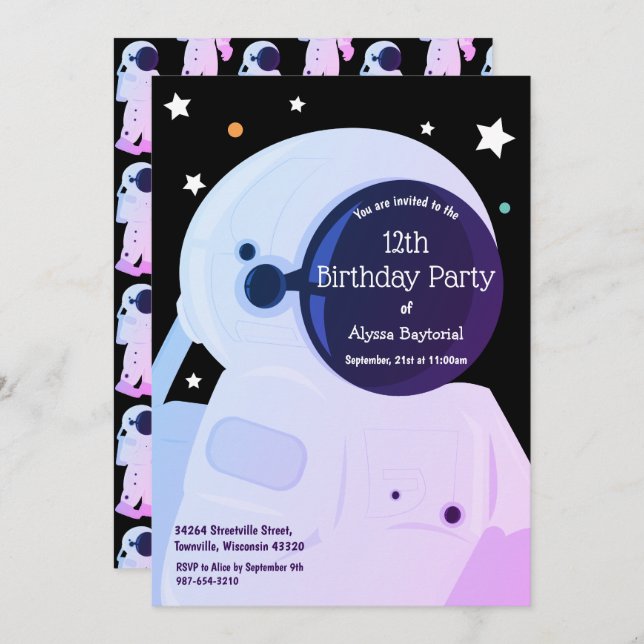 Purple Astronaut Birthday Invitation (Front/Back)