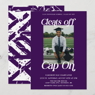 Purple Athlete Graduation Cleats off Cap On Invitation