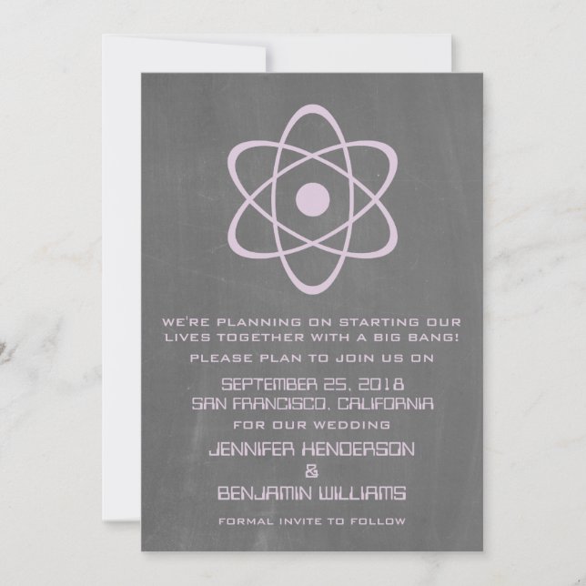 Purple Atomic Chalkboard Save the Date Invite (Front)