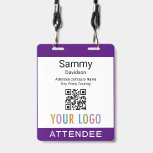 Purple Attendee Badge Event Guest QR Code Logo ID Badge