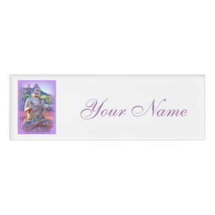 purple aura meditating buddha name tag