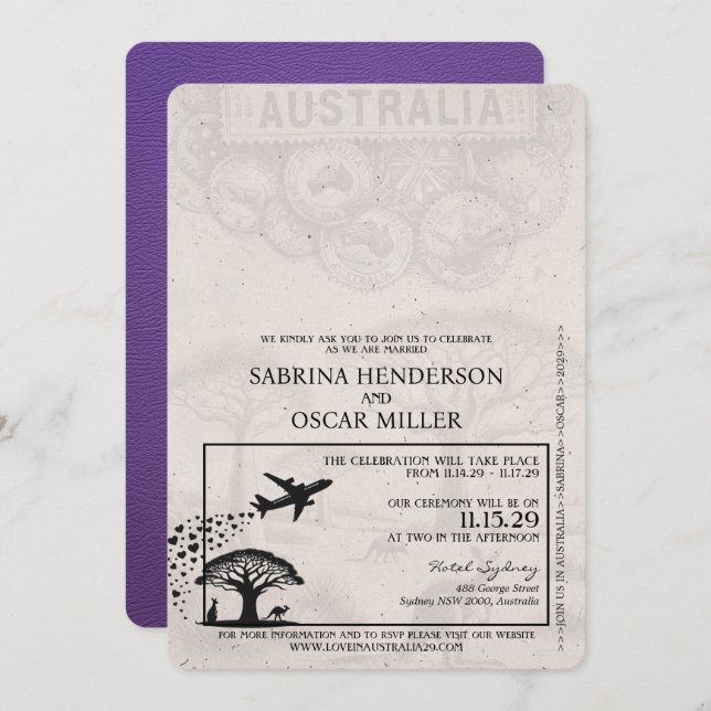 Purple Australia Passport Wedding Invitation (Front/Back)