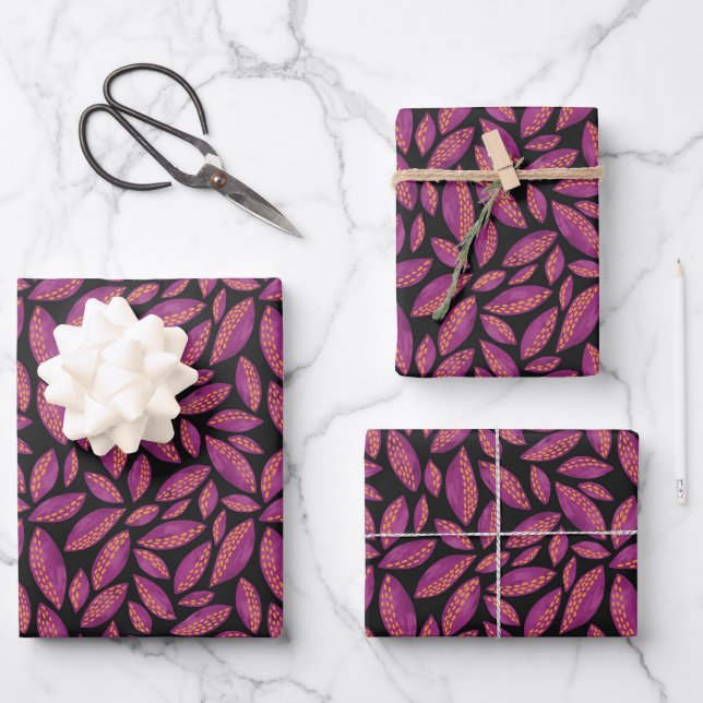Purple Autumnal Fall Leaves Wrapping Paper Sheet (Front)