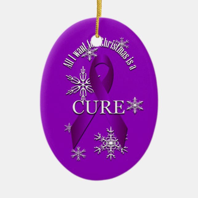 Purple Awareness Ribbon Christmas Cure Snow Ceramic Tree Decoration (Front)
