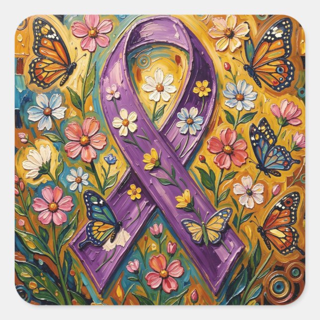 Purple Awareness Ribbon Fibro Square Sticker (Front)