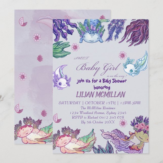 PURPLE AXOLOTL Baby Shower Invitation Girl (Front/Back)