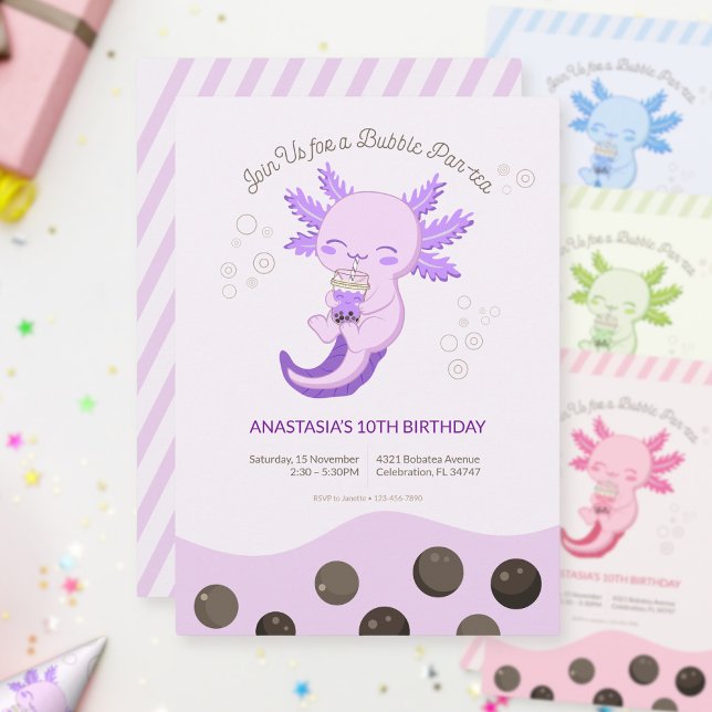 Purple Axolotl Bubble Boba Tea Girl Birthday Invitation (Creator Uploaded)