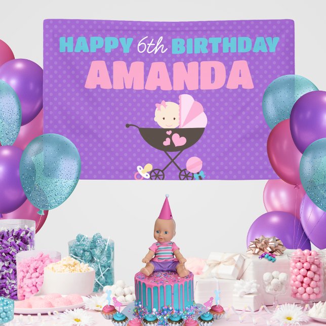 Purple Baby Doll Happy Birthday Banner (Purple Baby Doll Birthday Personalized Hanging Vinyl Birthday Banner. Indoor or outdoor available)