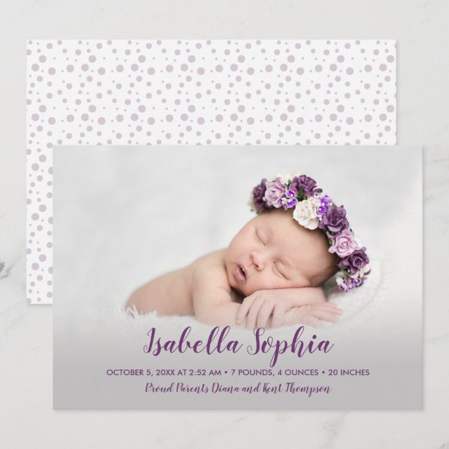 Purple Baby Girl Photo Birth Announcement (Front/Back)