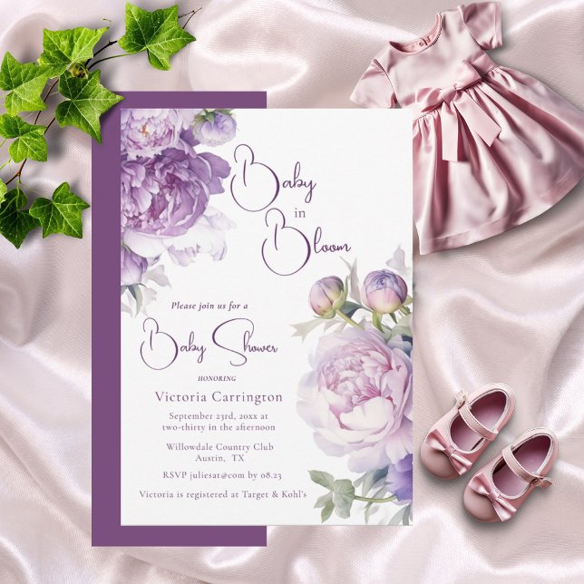 Purple Baby in Bloom Floral Modern Baby Shower Invitation (Creator Uploaded)
