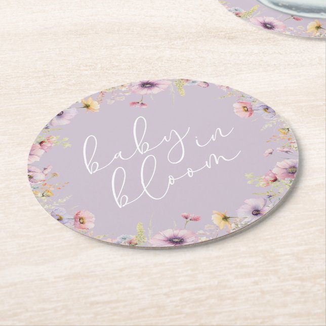 Purple Baby In Bloom Floral Wildflower Baby Shower Round Paper Coaster (Angled)