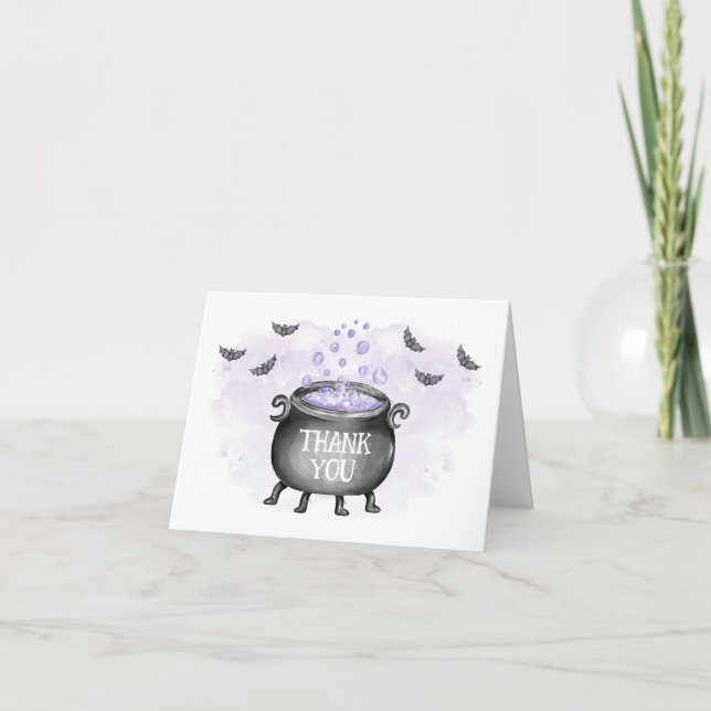 Purple Baby is Brewing Halloween Baby Shower Thank You Card (Front)