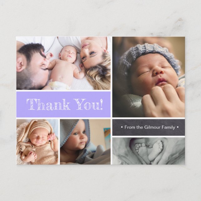 Purple Baby photo collage announcement Thank You Postcard (Front)